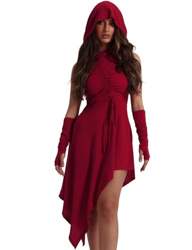 Vestido rojo vino de Halloween con dobladillo irregular, disfraz gótico con capucha, vestido rockabilly, vestido de carnaval para mujer, con banda delantera en el pecho, vestidos de cóctel, vestido