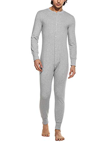 Hotouch Mono de dormir para hombre de una sola pieza Onesie de algodón, ropa interior térmica, pijama para invierno S-XXL, gris claro, XL
