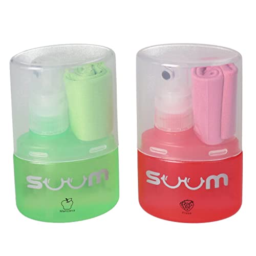 SUUM 2x spray limpiador de gafas con aroma, 25 ml de contenido para una limpieza suave y profunda de tus lentes, con gamuza de microfibra - sin alcohol (1 Fresa y 1 Manzana)