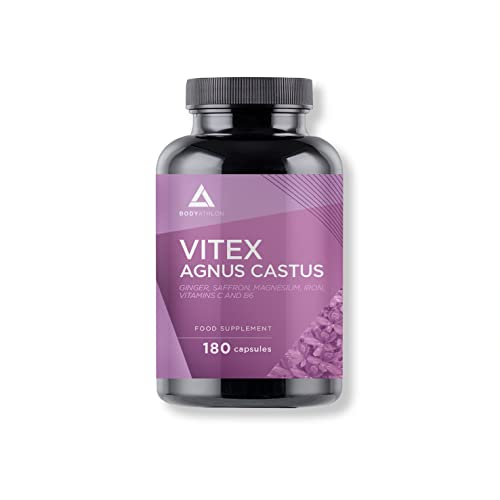 Bodyathlon- Vitex Agnus Castus Sauzgatillo 180 Capsulas- 20mg Vitex- Female Balance- Balance hormonal femenino- Sindrome Premenstrual- Con jengibre, azafrán, magnesio, hierro, vitaminas B6 y C
