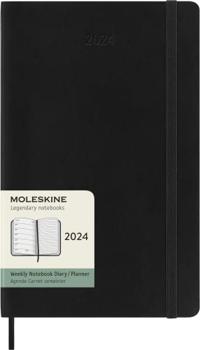 Moleskine Agenda Semanal con Espacio para Notas 12 Meses 2024, Agenda 2024, Formato Large 13x21, Tapa Suave y Cierre Elástico, Color Negro