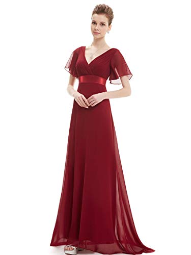 Ever-Pretty Vestido Rojo A-línea Vestido de Fiesta Cuello en V Vestidos para Navidad Manga Corta Gasa Corte Imperio para Mujer Borgoña 44