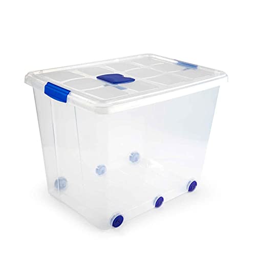 AC - Caja de ordenación con rueda de plástico transparente Nº 8. Contenedor para almacenar juguetes, libros, ropa, mantas. Capacidad 86 litros. Dimensiones aprox.: 46,9 x 61 x 73,5 cm