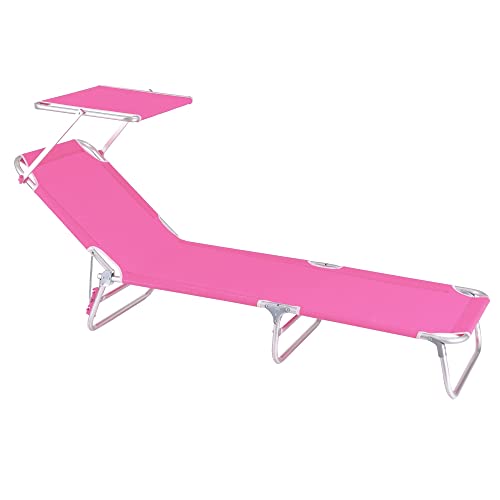 LOLAhome Tumbona Playa con Parasol, reclinable de 3 Posiciones Convertible en Cama Rosa de Aluminio y textileno de 190x58x25 cm