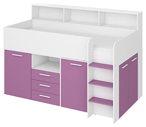 BIM Furniture Litera NEO P, mueble infantil, juego de muebles para habitación infantil, cama con escritorio, estantes, cajones, lado derecho (blanco/lavanda), 80 x 200 cm