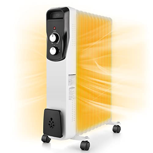 Nictemaw Radiador de aceite, radiador de aceite de 2500 W, ahorro de energía, calefacción eléctrica, radiador de aceite, radiador con termostato variable y 3 niveles de calor, color blanco