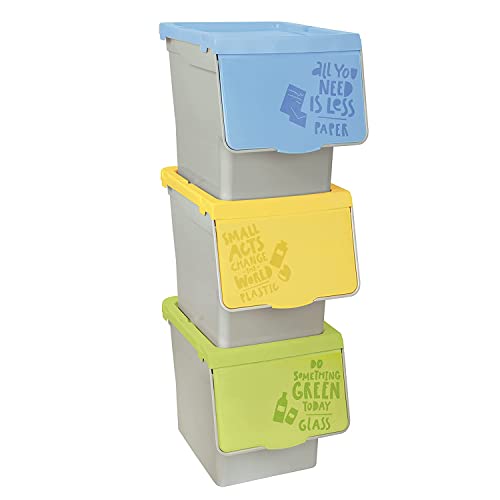 TIENDA EURASIA - Cubos de Basura de Reciclaje, Pack de 3 Cubos de Basura de Cocina, Cubo de Basura 30 Litros, Plástico, Sistema Apilable con Apertura Fácil, Ideal para Reciclar, 3 Colores