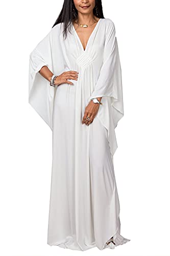 YouKD Wemen's Vestido largo estilo caftán bohemio, para la playa, talla única, A blanco., Talla única