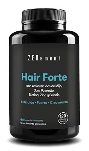 Hair Forte, Biotina para el cabello | con Aminoácidos de Mijo, Saw Palmetto, Zinc y Selenio | Hair Vitamins, Pastillas para el crecimiento del cabello 120 Cápsulas | Zenement