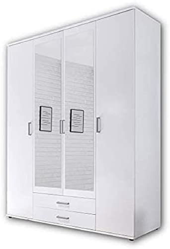 Stella Trading Karl Elegante armario ropero de 4 puertas con mucho espacio de almacenamiento, versátil, con puertas batientes, blanco, con puertas de espejo, 160 x 196 x 54 cm (ancho x alto x fondo)