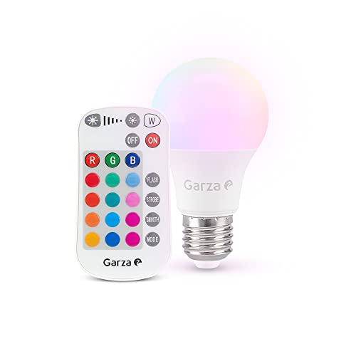 Garza - Bombilla Estándar LED E27 RGB con mando a distancia, 8.5W (equivalente 60W incandescente), Intensidad regulable, 16 colores disponibles + luz neutra 4000K, 810 lm, Ángulo 240º