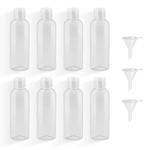 8 Piezas Botellas Vacías de Plástico 100ml Botella Cosmética Transparente Botellas de Viaje con 3 Embudo Botes Viaje para Rellenar Líquidos o Cosméticos