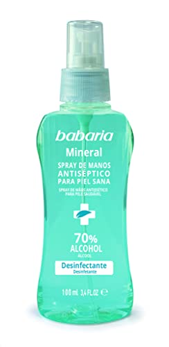 Babaria - Spray de Manos Antiséptico Mineral, Desinfectante, con Ácido Hialurónico, Zinc y Magnesio, Protege, Cuida e Hidrata la Piel, con Perfume Frutal, 70% de Alcohol, Sin Aclarar - 100 ml