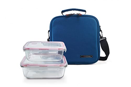 Iris Barcelona - Basic Lunch Bag, Set de Bolsa Térmica Porta Alimentos 3,8 l y 2 Tapers de Cristal 570 + 840 ml, Azul