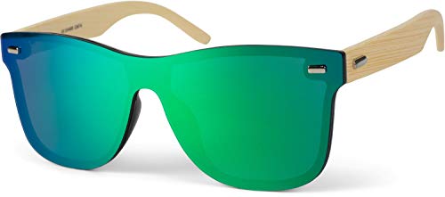 styleBREAKER Gafas de sol unisex Monoglass Nerd con patillas de bambú y lentes de policarbonato, estilo retro 09020112, color:Montura marrón claro / vidrio verde-azul espejado