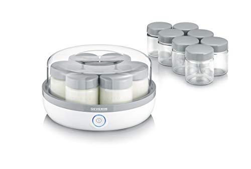 SEVERIN Yogurtera compacta, mini yogurtera con tapa transparente para hacer yogur casero, incluye 14 tarros con tapa antiderrames, sin BPA, blanco/gris, JG 3520