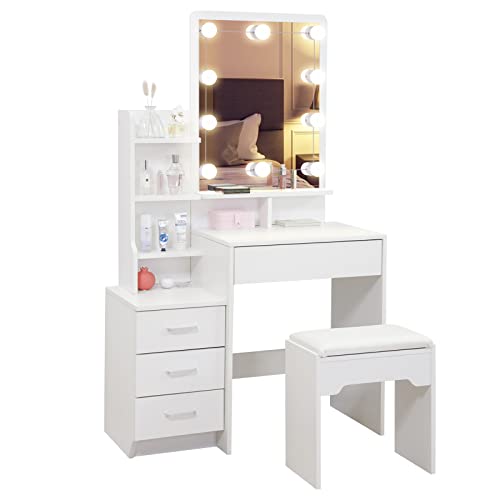 TUKAILAi - Tocador madera, blanco, con un espejo, taburete y luces para maquillaje con cajones para el dormitorio