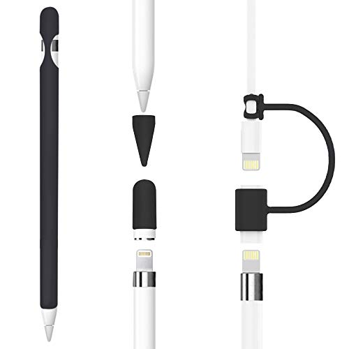 4 accesorios para Apple Pencil 1ª generación, funda de silicona suave con 2 fundas para la pluma y la tapa, 1 cable adaptador y asa protectora impermeable (negro)