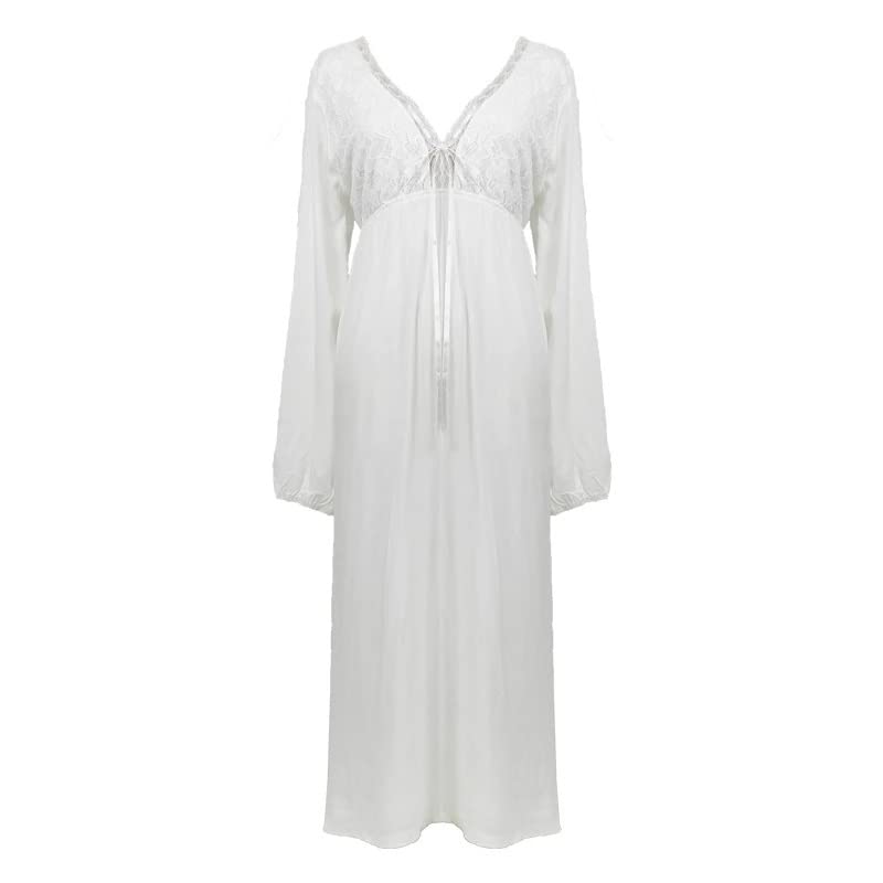 STRAW Pijamas de manga larga Pijamas sin respaldo V-Cuello largo Vestido largo Primavera Robe suelto Nightdress (Color : White, Size : M code)
