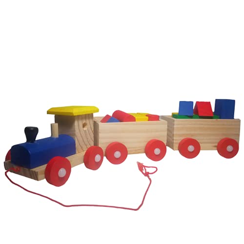 N Naturly Tren de Madera Juguetes para Niños/as | Ferrocarril con 2 Vagones Desmontables y 12 Bloques de Formas y Colores Diversas para Jugar. Juguete Educativo Infantil