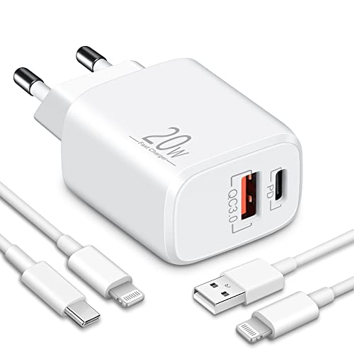 LUOSIKE Cargador USB C de 20W para iPhone con 2 Cables Lightning de 2m, Adaptador de Corriente con PD y QC, Enchufe de Carga Rápida Compatible con iPhone 13/12/11/Pro/Max/mini/SE/XR/XS/X/8/7/6/iPad