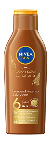NIVEA SUN Leche Solar Zanahoria FP6 (1 x 200 ml), protección solar para un bronceado bonito y duradero, protector solar hidratante resistente al agua, crema bronceadora