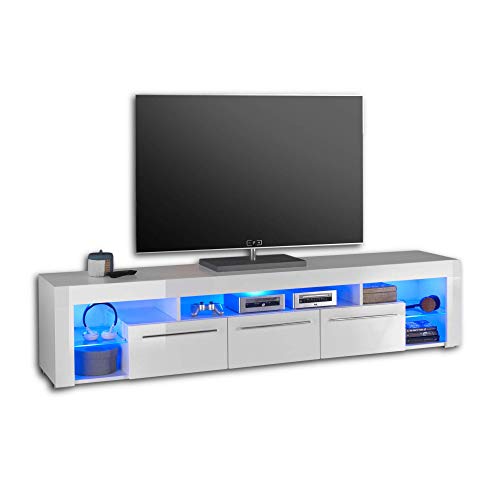 Stella Trading Goal Mesa de televisión en Blanco Brillante con iluminación LED Azul-Mueble TV Espacio de Almacenamiento para su salón, Madera, 200 x 44 x 44 cm