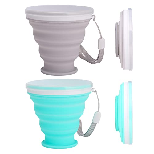 Fezf Paquete de 2 vasos de silicona plegables, vasos de silicona plegables con tapas de plástico, juego de vasos portátiles reutilizables para picnic, camping, viajes de senderismo