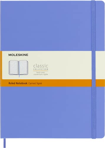 Moleskine - Cuaderno Clásico con Hojas de Rayas, Tapa Dura y Cierre con Goma Elástica, Tamaño XL 19 x 25 cm, Color Azul Hortensia, 192 Páginas