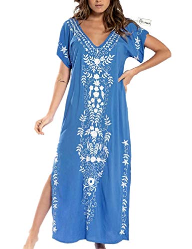L-Peach Vestido Largo con Floral Bordado Mujer, Azul Bordado, Talla única