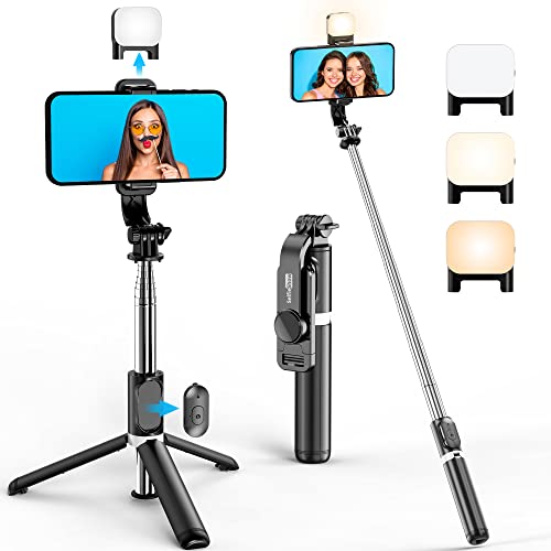 Palo Selfie con Luz, Trípode para Movil Extensible de 106cm y Trípode Flexible con Mando, Rotación de 360° Compatible con iPhone/Samsung/Huawei, etc.