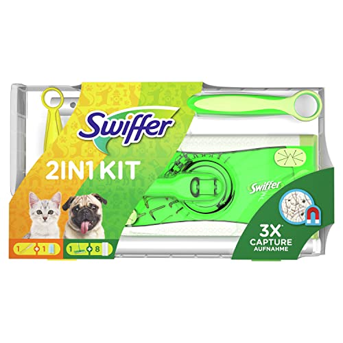 Swiffer Kit con 1 mopa, 8 paños secos para el suelo, 1 plumero y 1 recambio óptimo para mascotas, Blanco