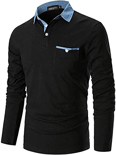 GNRSPTY Polo Hombre Manga Larga Denim Cuello Camisetas Algodón Camisas T-Shirt Golf Tennis Otoño Invierno Oficina,Negro,L