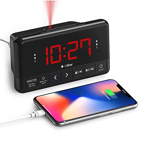 Despertador Proyector Techo, Reloj Despertador Digital con Radio, Cargador USB, Pantalla LED Digital, Función Snooze