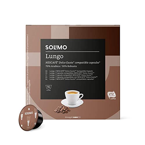 Marca Amazon - Solimo Cápsulas de café Lungo compatibles con NESCAFÉ DOLCE GUSTO, 96 cápsulas (6 packs de 16) - Certificado por Rainforest Alliance