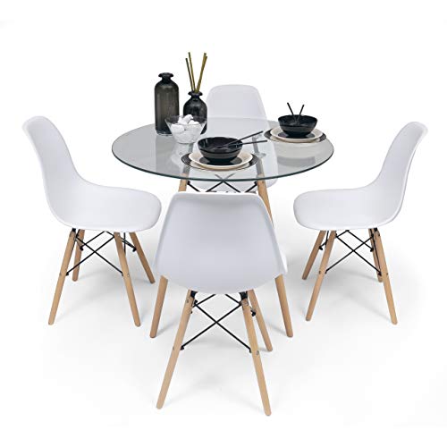 Homely - Conjunto de Comedor Nordic Cristal 90 Mesa de Cristal Redonda de 90 cm y 4 sillas nórdicas (Blanco)