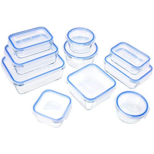 Amazon Basics - Recipientes de cristal para alimentos, con cierre 20 piezas (10 envases + 10 tapas), sin BPA