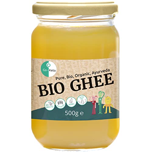 Go-Keto BIO Ghee, 500g | Mantequilla 100% clarificada, certificada BIO, Ayurveda | perfecto para la dieta cetogénica | ideal para hornear y asar | Sin lactosa, sin gluten, bajo en carbohidratos
