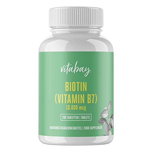 Biotina 10.000 mcg Vitabay (200 Comprimidos) • Vitamina B7 Vegana • Crecimiento de Cabello y Uñas • Vitaminas para el Pelo y la Piel • Dosis Alta • Calidad alemana