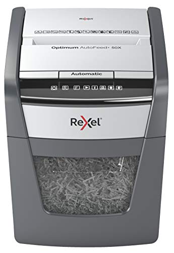 Rexel Optimum Autofeed 50X Destructora de Papel de Alimentación Automática, Corte en Partículas P4, 50 Hojas, Papelera Extraíble, 20 Litros, 2020050X