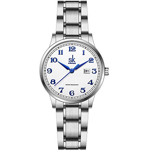 SK Relojes lassic Business para Mujer con Correa de Acero Inoxidable y Elegante Reloj con Calendario para Mujer(Arabic Number-Silver Steel Band)