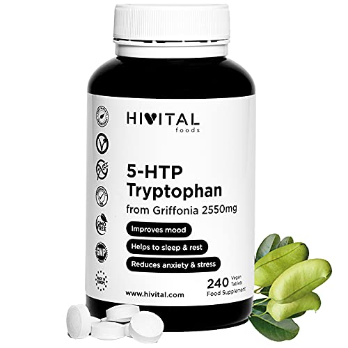 5-HTP Triptófano 2250mg. 240 comprimidos veganos para 8 meses. 5HTP de extracto de Griffonia aportando 100 mg de L-5-Hidroxitriptófano puro. Para reducir la ansiedad y el estrés y combatir el insomnio
