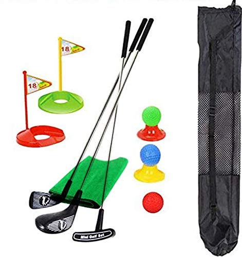 SOWOFA Golf 13 Piezas de Palos de Metal Juego de Juguetes para niños al Aire Libre para Padres e Hijos Regalo Negro Bolsa de Almacenamiento portátil simulación Golf Alfombra de Paja Verde