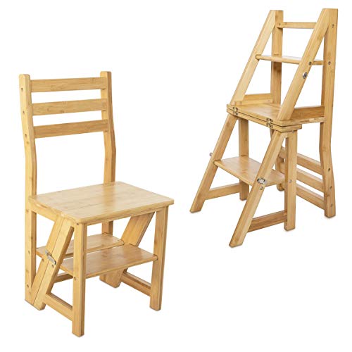 Navaris Silla escalera plegable - Taburete convertible a escalera o estantería de madera - Silla plegable 2 en 1 para cocina - De madera de bambú