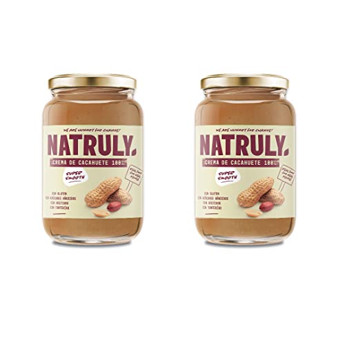 Natruly Crema de Cacahuete Natural Súper Smooth, 100% Cacahuete Sin Azúcar, Vegana, Sin Gluten, Sin Lactosa, Textura Cremosa - Pack 2x500gr