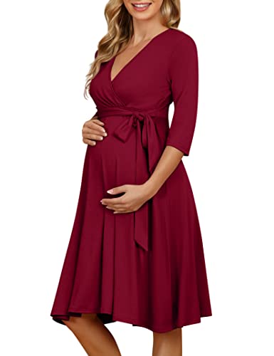 KOJOOIN Vestido de Maternidad para Mujer Delgado con Cuello en V Elegante Vestido de Lactancia Vestidos Premama Verano Casuales para Embarazadas Rojo（Manga 3/4） XL