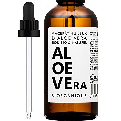 Aceite de Aloe Vera Orgánico - 100% Puro, Natural, Vegano y Orgánico - 100 ml - Cuidado para rostro, piel y cabello