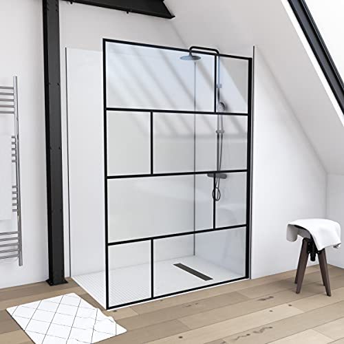MARWELL Mampara de ducha en diseño moderno, 140 x 195 cm, ducha de cristal con perfil de pared negro mate, cristal de seguridad para una máxima seguridad, montaje en plato de ducha o azulejo