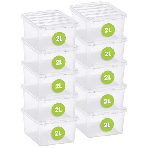 SmartStore Cajas pequeñas de plástico con tapa de 2 L, 10 unidades, transparentes, apilables y anidables, aptas para alimentos y sin BPA, cierre de clip blanco, 21 x 17 x 11 cm