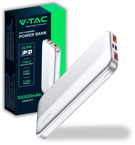 V-TAC Power Bank 10000 mAh con Carga Rápida PD 22.5W - Cargador Portatil - Batería Externa Delgada con Puerta USB Type-C y 2 Puertas USB-A - Compatible iPhone, iPad, Samsung, iPad, Xiaomi - Blanco